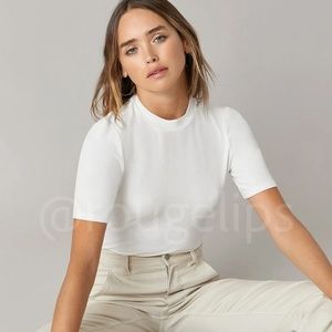 White Rib-Knit High Neck Short Sleeve Slim Fit Top Shirt